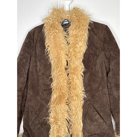 Y2K dELiA*s Suede Faux Fur Trim Jacket – Brown Shaggy Coat Size M (1990s/2000s) - Picture 3 of 13